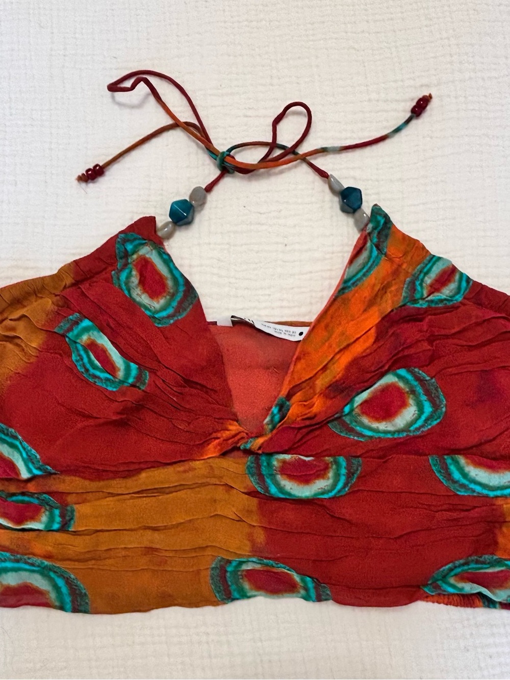 Zara batik printed beaded halter crop top Tribal Festival Tie Halter Top XL - Picture 2 of 5